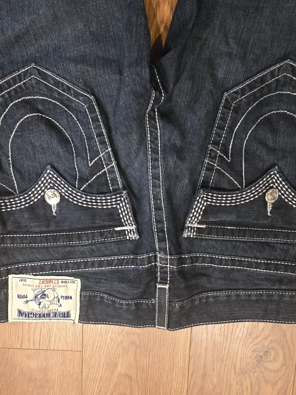 True Religion Ricky Straight Jeans Mens 34x34 Dark Wash Made USA Contrast Stitch